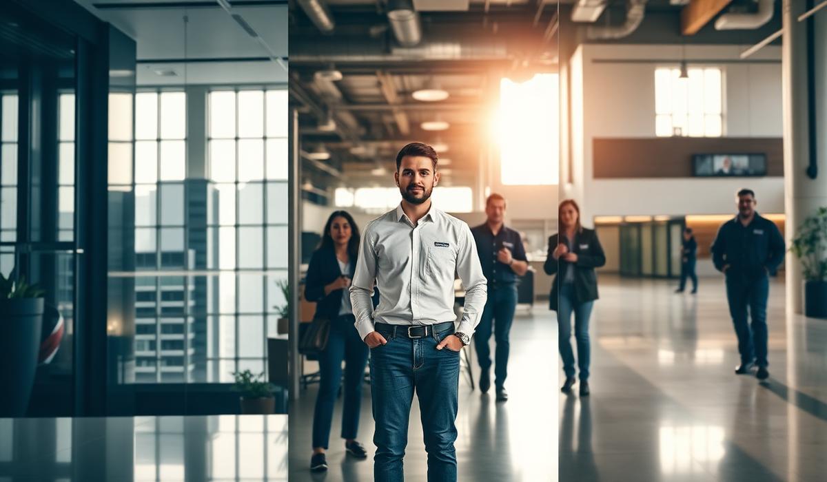Multiple office locations with employees wearing matching branded apparel