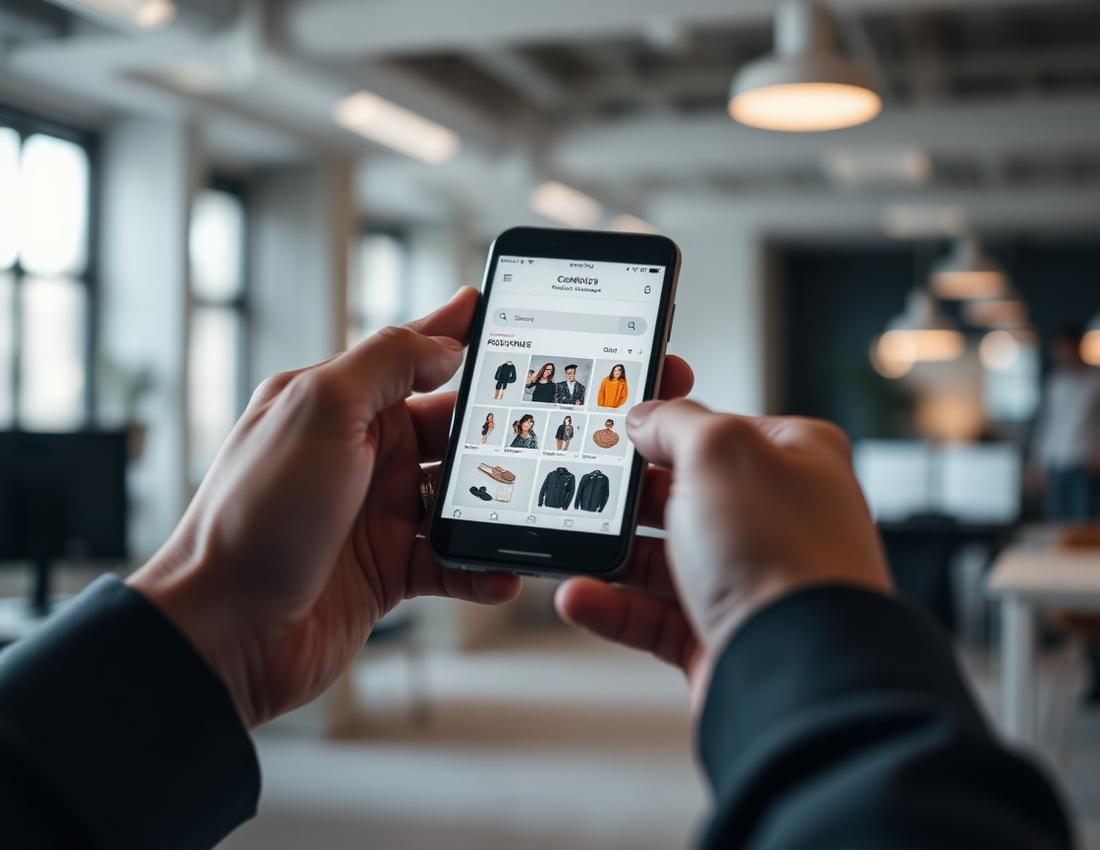 Employee browsing a branded company store on a smartphone in a modern office