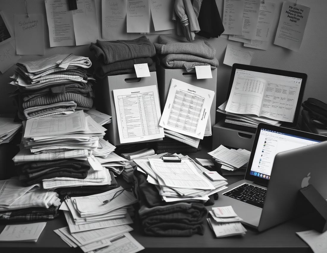 Cluttered desk with spreadsheets, size lists, sticky notes and boxes of unsorted apparel