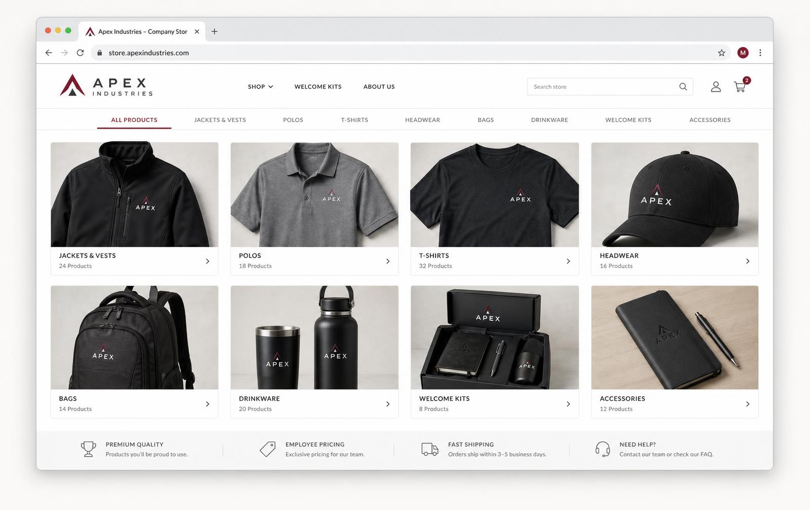 Browser window showing a fictional company store with apparel, headwear, bags, drinkware and welcome kit categories