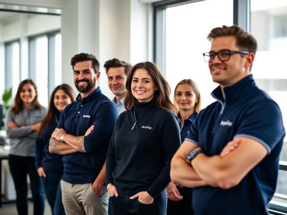 Team in a modern office wearing branded polos and quarter-zip pullovers