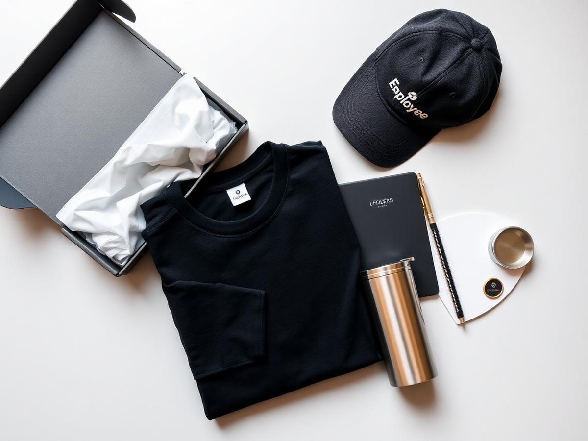 Employee welcome kit with branded t-shirt, cap, notebook and tumbler